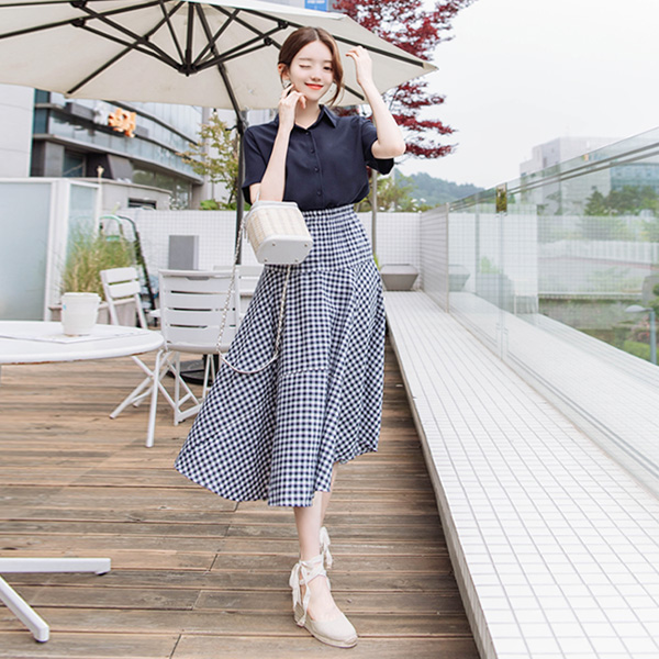 sk4161 여름 내내 시원하고 편안한 허리밴딩 절개플레어 체크 롱스커트 skirt
