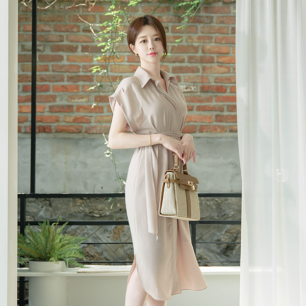 op9271 하늘하늘 실루엣과 드롭숄더로 품격이 느껴지는 카라 브이넥 벨트세트 롱원피스 dress