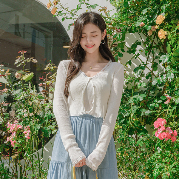 cd1408 소녀소녀한 레이스배색의 크롭기장 나시티와 썸머가디건 세트 cardigan set