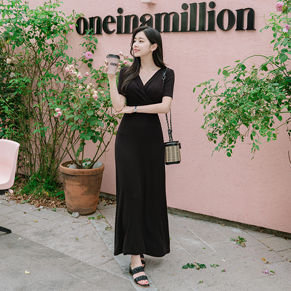 op9344 입체적인 꼬임디자인의 촉촉 시원한 플레어 반팔 롱원피스 dress