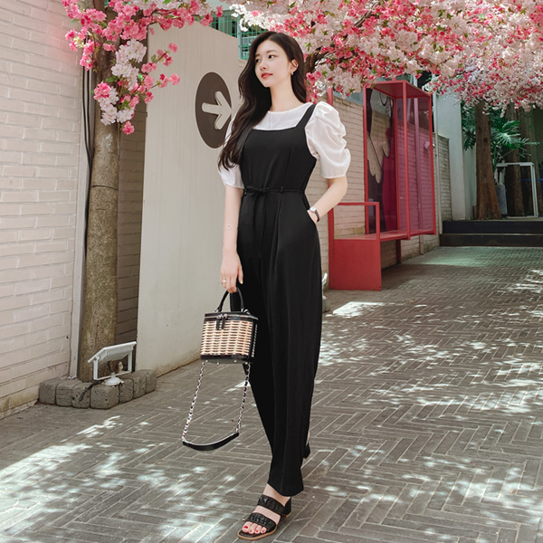 op9345 꾸안꾸 데일리캐쥬얼로 좋은 라운드넥 셔링블라우스와 점프수트 투피스세트 jumpsuit set
