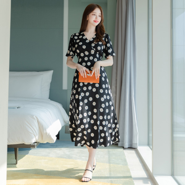 op9365 감각적인 플라워 패턴의 랩스타일 롱플레어 원피스 dress