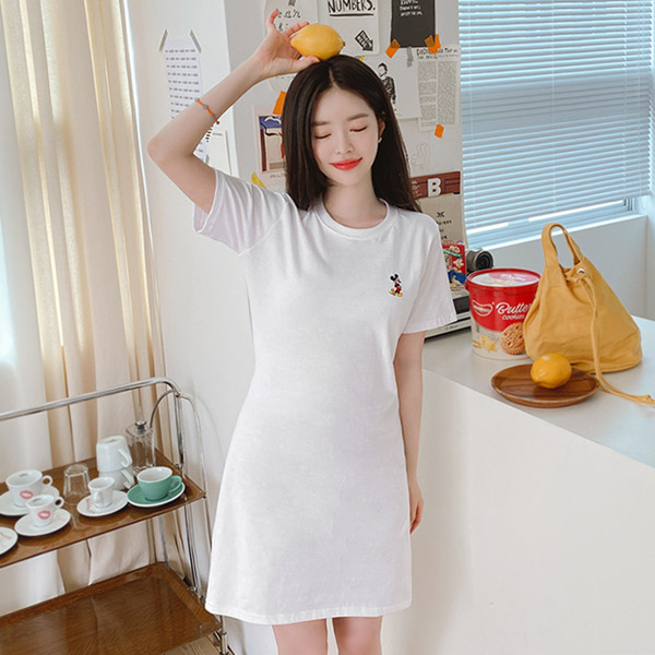 op9351 미키마우스 자수 캐릭터 포인트의 라운드넥 H라인 미니원피스 dress