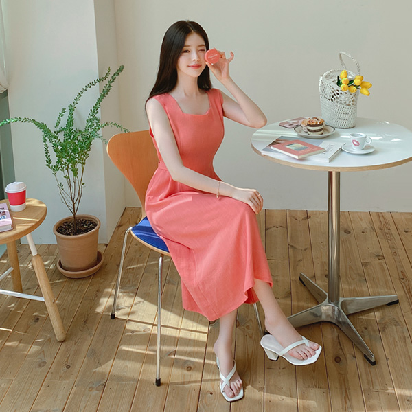 op9352 린넨과 레이온 혼방으로 부드러움 가득한 스퀘어넥 나시 롱원피스 dress