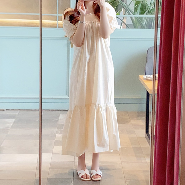 op9359 사랑스럽고 편안한 아방핏의 스모크 퍼프소매 코튼 롱원피스 dress