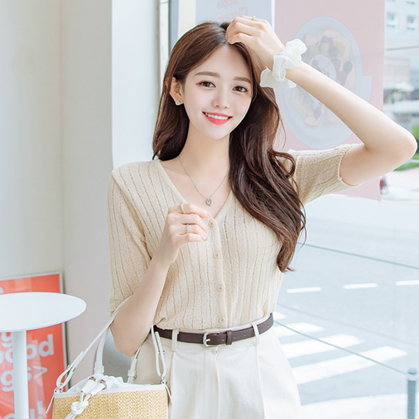 cd1415 내추럴한 부클 소재감과 세로결 짜임의 썸머시즌 데일리 V넥 반팔 니트가디건 cardigan