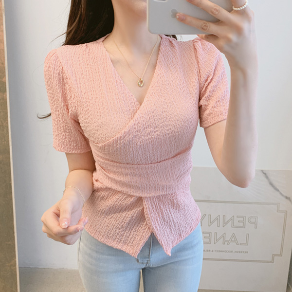 bs5224 산뜻하고 신축성 좋은 주름지 패브릭의 V넥 반팔 랩블라우스 blouse