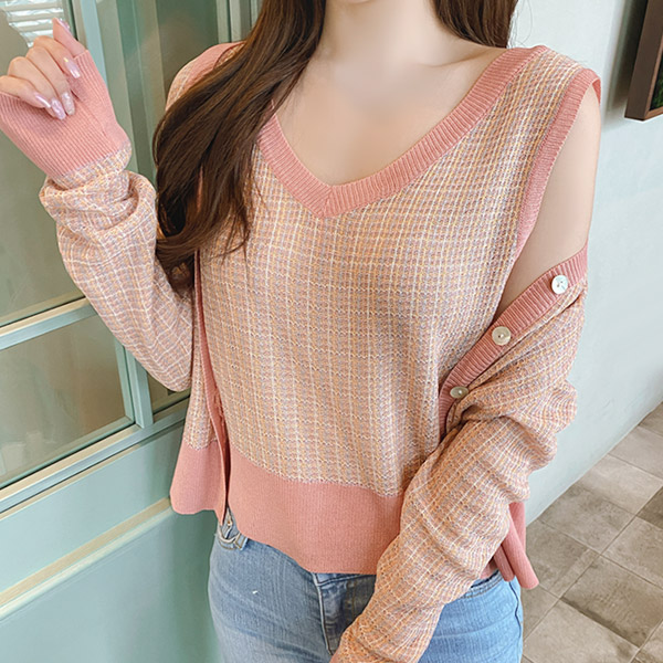 nt2202 매력적인 컬러블렌딩 배색포인트의 시스루 썸머 슬리브리스 니트 knit