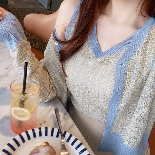 cd1414 매력적인 컬러블렌딩 배색포인트의 시원한 썸머 데일리 시스루 가디건 cardigan
