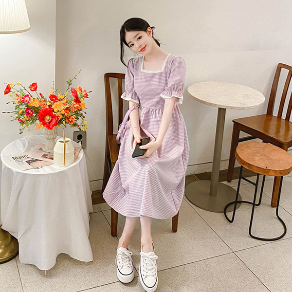 op9405 헤어곱창 세트구성의 체크패턴 스퀘어넥 플레어 롱 원피스 dress