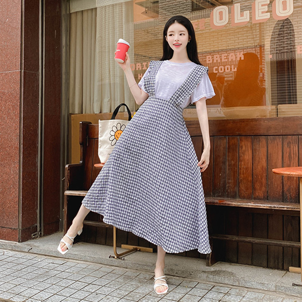 op9407 입체감 있는 엠보패브릭의 체크패턴 서스펜더 플레어 롱원피스 dress