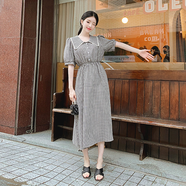 op9408 깃털처럼 가벼운패브릭의 체크패턴 빅카라 밴딩 롱원피스 dress