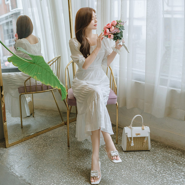 op9414 여신 실루엣 부럽지 않은 내추럴한 주름소재의 스퀘어넥 뒷리본 스판 프릴롱원피스 dress