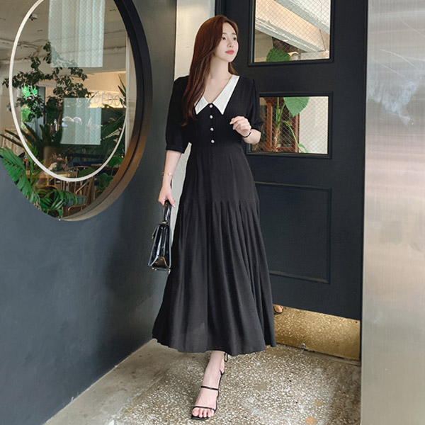 op9413 독보적인 우아한 핏이 돋보이는 플리츠 디자인과 카라배색 포인트의 A라인 반팔 롱원피스 dress