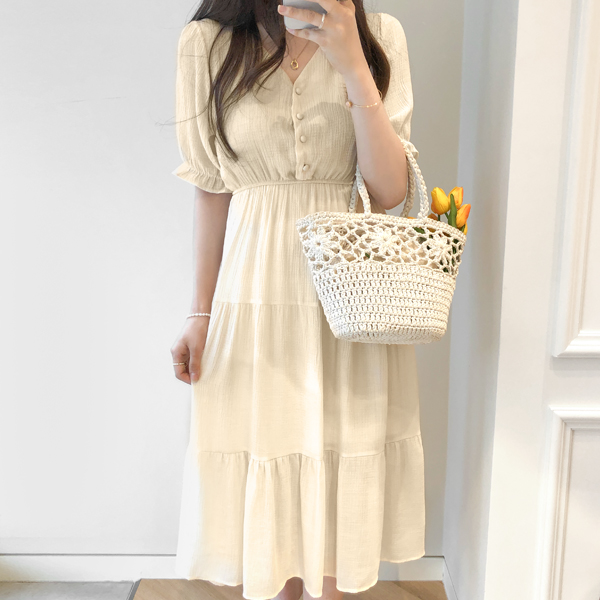 op9422 여리한 무드로 입기 좋은 주름진 소재감의 플레어 원피스 dress