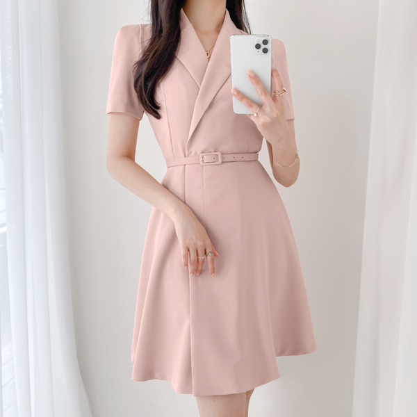 op9427 단아한 무드가 느껴지는 테일러드 카라 벨트 미니 원피스 dress