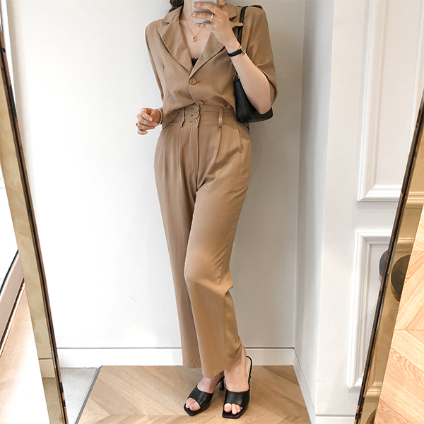 jk1248 견장 크롭 자켓과 쓰리버튼 와이드 롱 팬츠 구성의 투피스 세트 two piece set