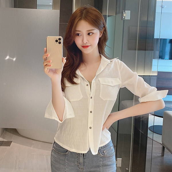 bs5248 시크한 오픈 카라넥으로 스타일리쉬함 가득 담은 포켓 카라 블라우스 blouse