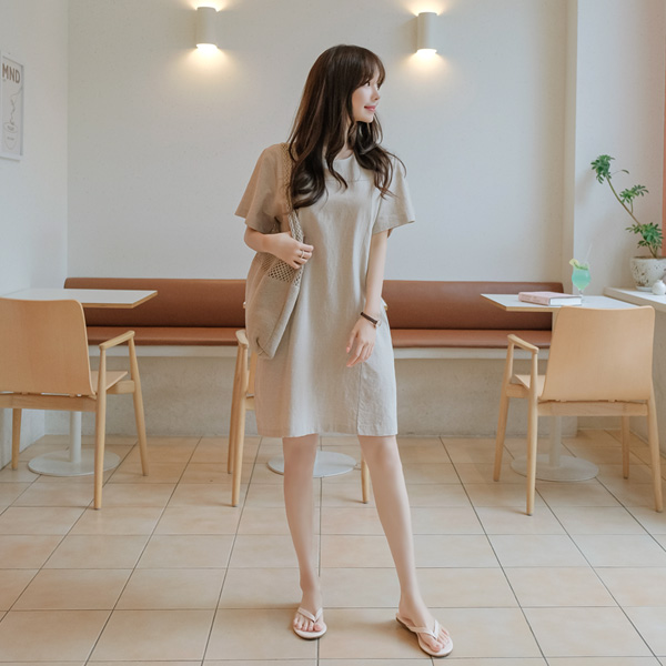 op9429 내츄럴한 린넨소재의 스티치포인트 포켓장식 A라인 반팔 미니원피스 dress