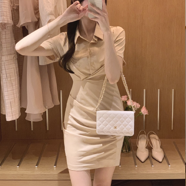 [완벽 S라인핏] 언발 셔링 반팔 셔츠카라 원피스