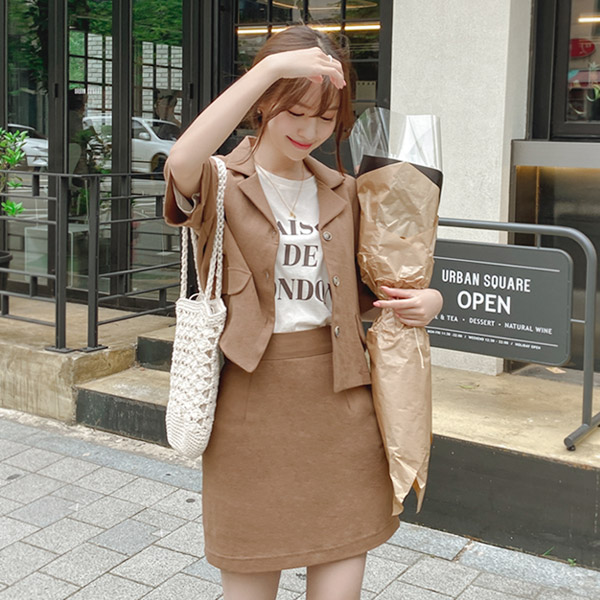 jk1249 썸머데일리로 좋은 크롭기장의 테일러드 카라 반팔 자켓과 뒷밴딩 미니스커트 세트 jacket set