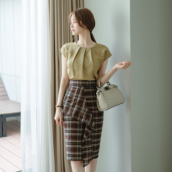 sk4205 감각적인 컬러 배색의 프론트 러플 체크스커트 skirt