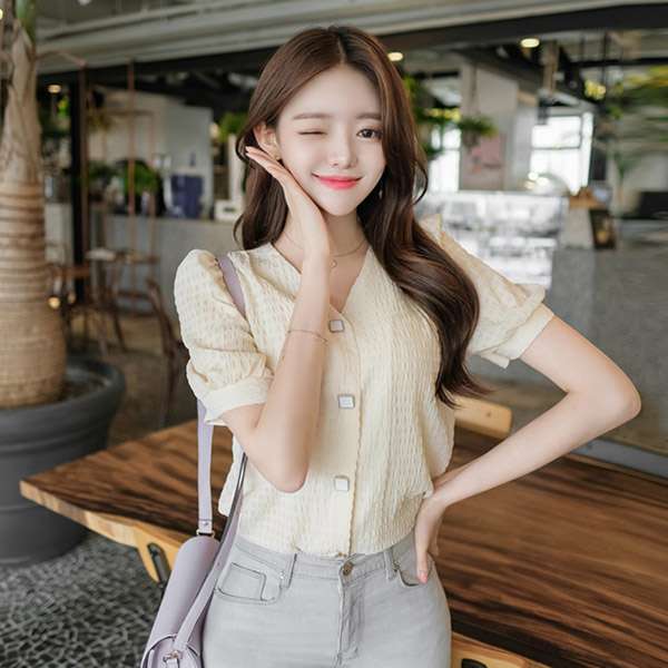 bs5251 화사하고 산뜻한 컬러감의 시원한 퍼프 브이넥 블라우스 blouse