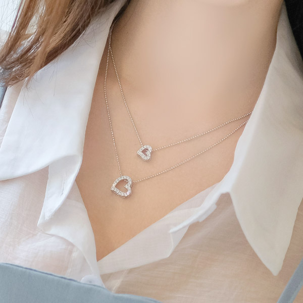 ac4558 더블하트 큐빅장식의 레이어드 포인트 네크리스 necklace