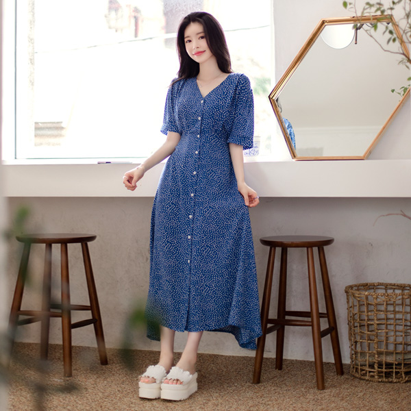 op9434 매끄러운 레이온패브릭으로 완성된 도트패턴 브이넥 롱원피스 dress