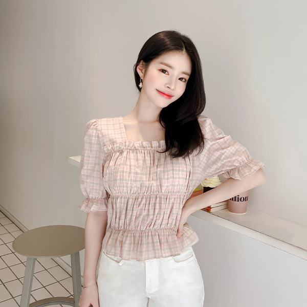 bs5254 코튼패브릭으로 완성된 스윗캔디 컬러라인의 체크블라우스 blouse
