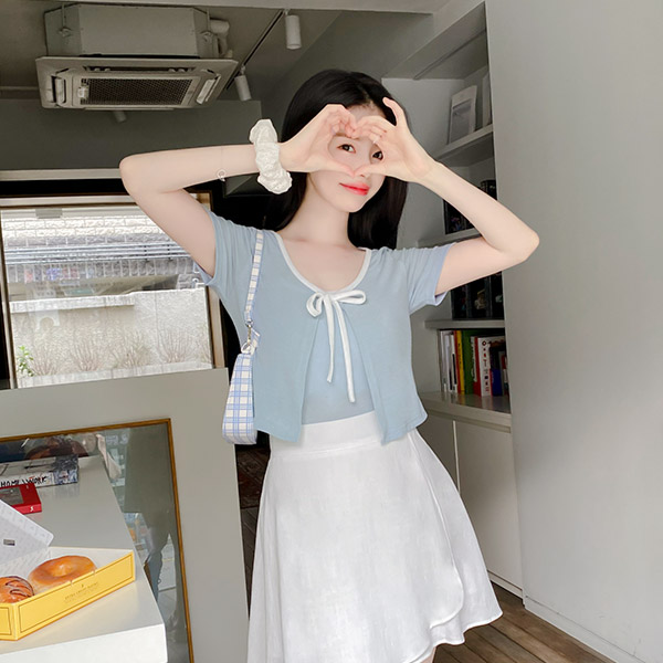 cd1429 컬러배색으로 꾸며진 나시와 반팔 가디건 세트 투피스 cardigan set