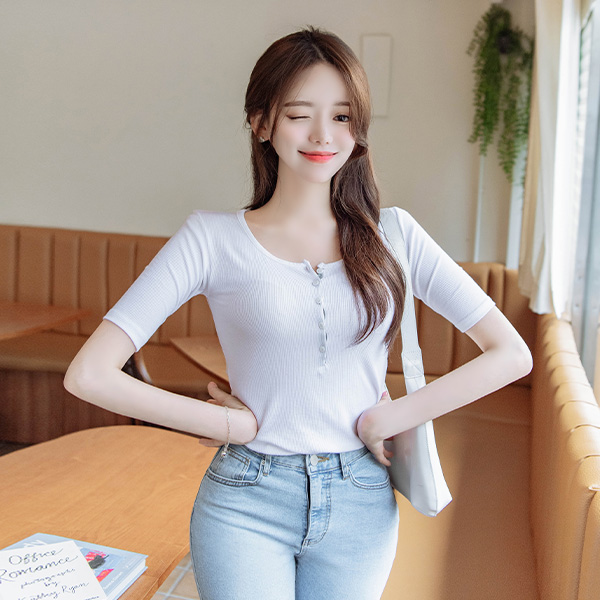 ts2132 넥라인 테잎배색 장식의 반팔 소매 슬림핏 잔골지 U넥 티셔츠 tee