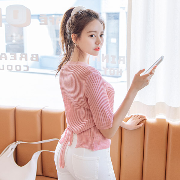 cd1430 반전매력이 돋보이는 뒷리본 장식의 데일리 V넥 골지니트 반팔 가디건 cardigan