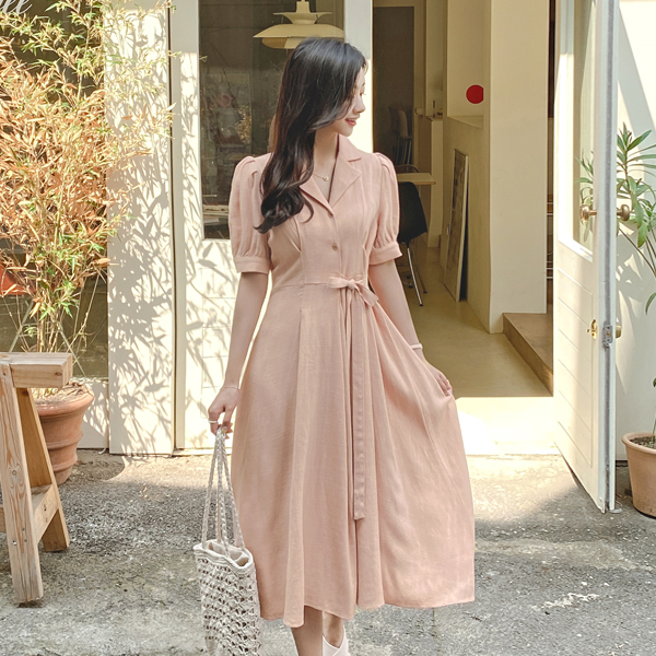 op9437 걸리시한 퍼프소매와 부드러운 텍스쳐의 카라넥 A라인 롱원피스 dress