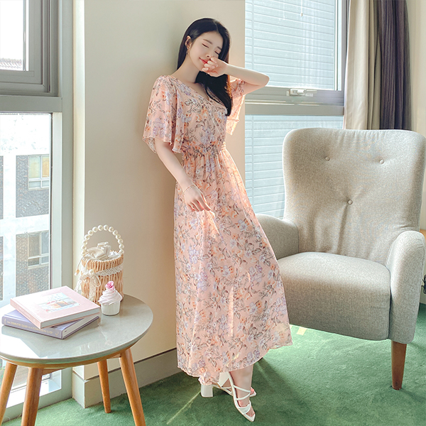 op9477 살랑살랑 청순함 가득한 쉬폰패브릭의 플라워패턴 밴딩 롱 원피스 dress
