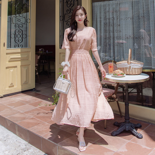 op9486 시원한 모달 엠보싱 패턴의 여신 롱 플레어 뒷리본 원피스 dress