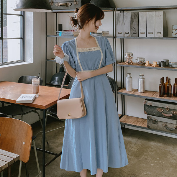 op9522 엔틱한 무드가 느껴지는 레이스 띠 장식의 A라인 롱 원피스 dress