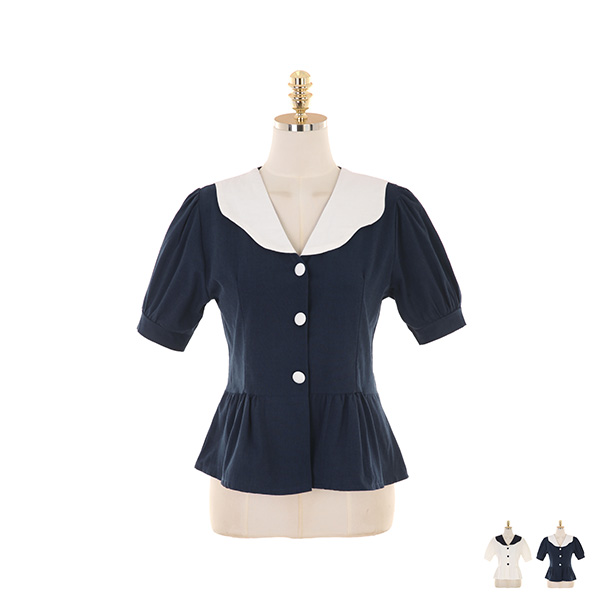 bs5277 배색 둥근 카라 디자인의 페플럼 반팔 블라우스 blouse