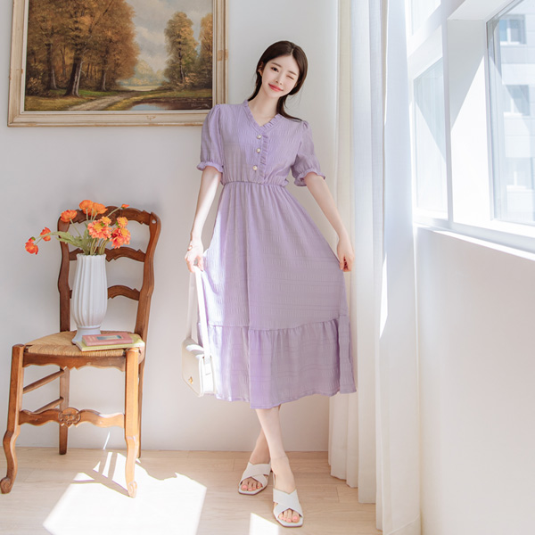 op9536 입체감있는 엠보패브릭의 진주장식 허리밴딩 롱원피스 dress