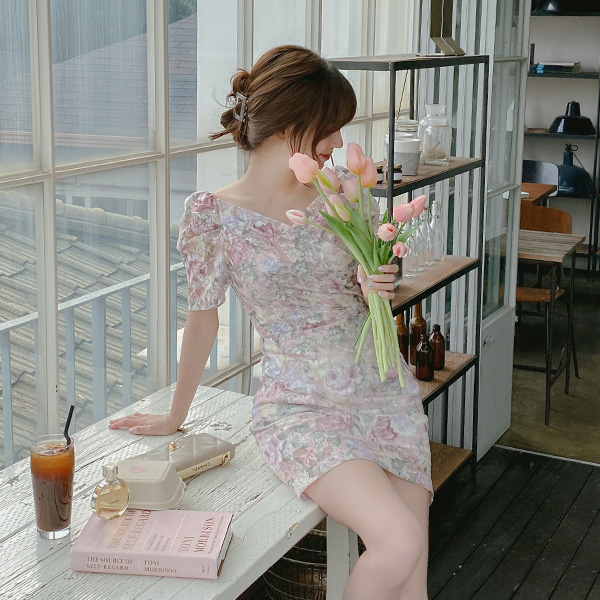 op9556 고급스러운 플라워 나염의 H라인 미디 원피스 dress