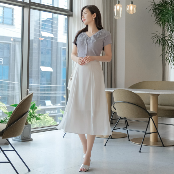 sk4227 여리한 매력 슬릿 포인트 쉬폰 핀턱 밴딩 플레어 롱스커트 skirt