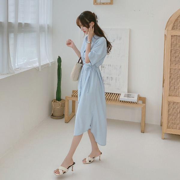 op9583 내츄럴한 실루엣의 허리스트링 세트구성 밑단 언발 반팔 일자핏 롱셔츠원피스 dress