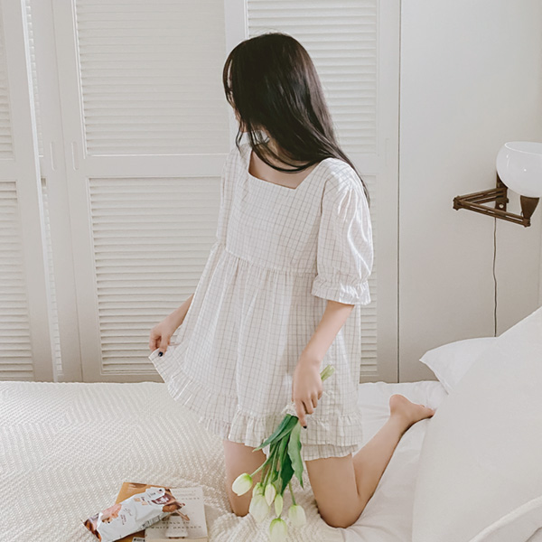 op9596 남자친구와 함께 즐길 수 있는 체크 파자마 투피스세트 two piece set
