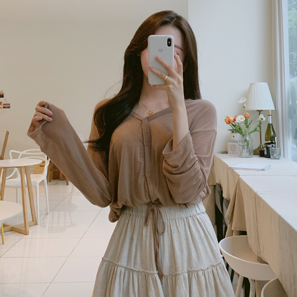cd1445 소프트한 텐셀소재로 제작된 리본 스트링 여리핏 V넥 긴팔가디건 cardigan