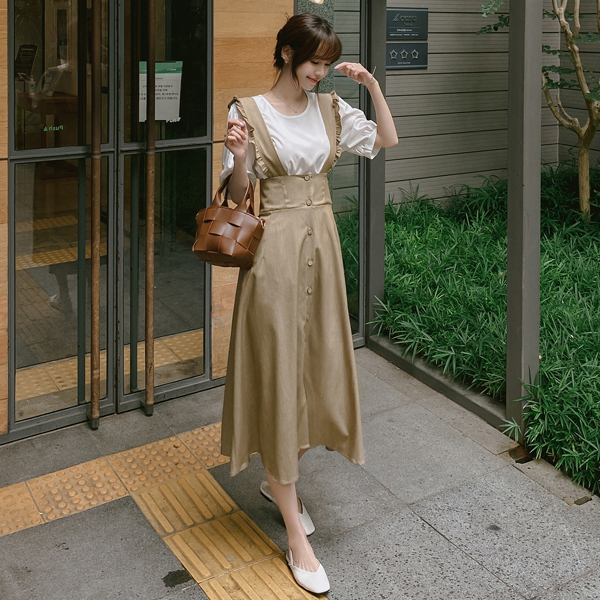 op9633 로맨틱한 퍼프 블라우스와 러플 서스펜더 A라인 롱 원피스 세트 dress