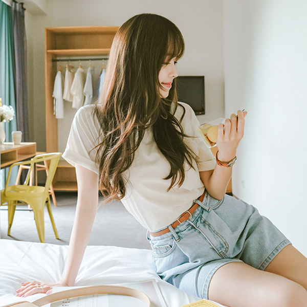 ts2153 소프트한 실켓 터치감과 소매 롤업 포인트의 라운드넥 반팔 티셔츠 tee