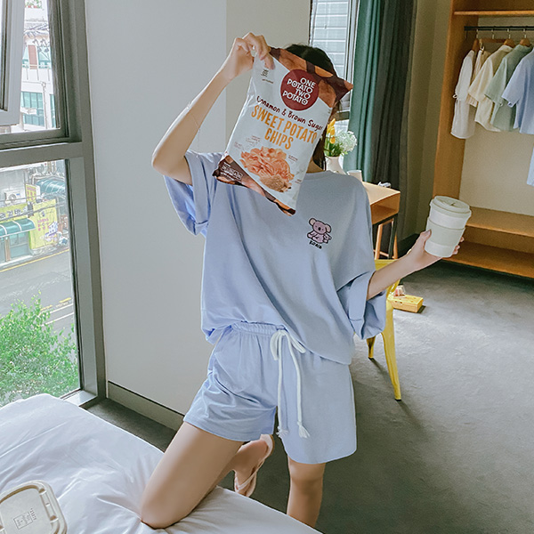 op9640 앙증맞은 코알라자수 포인트의 오버핏 반팔 티셔츠와 밴딩 반바지 투피스 세트 two piece set