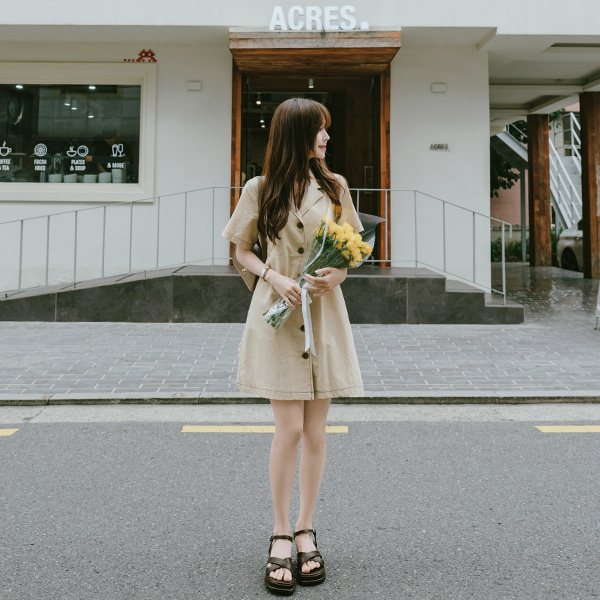 op9641 내츄럴한 스티치 디테일의 버튼디자인 미니기장 A라인 카라 셔츠원피스 dress