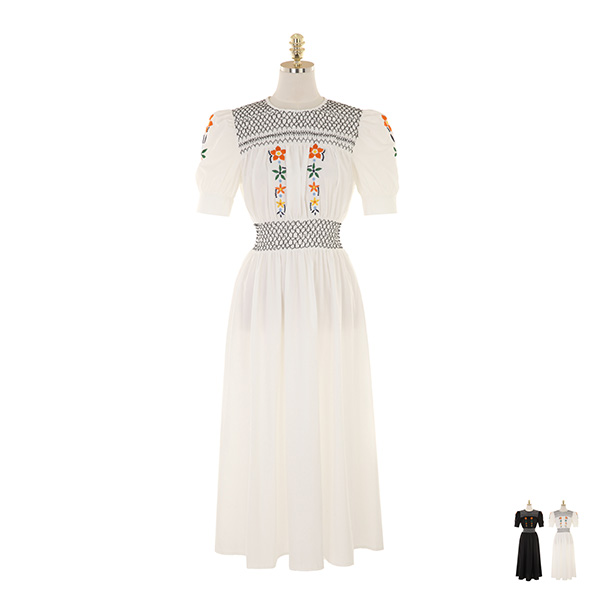 op9563 꽃 자수와 그물 짜임으로 포인트를 준 코튼 롱 플레어 원피스 dress