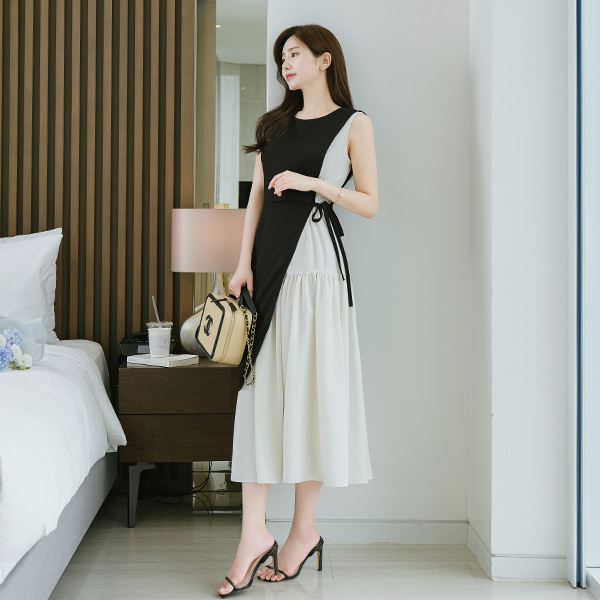 op9659 레이어드한듯 독보적인 실루엣의 허리스트링 슬리브리스 A라인 롱원피스 dress